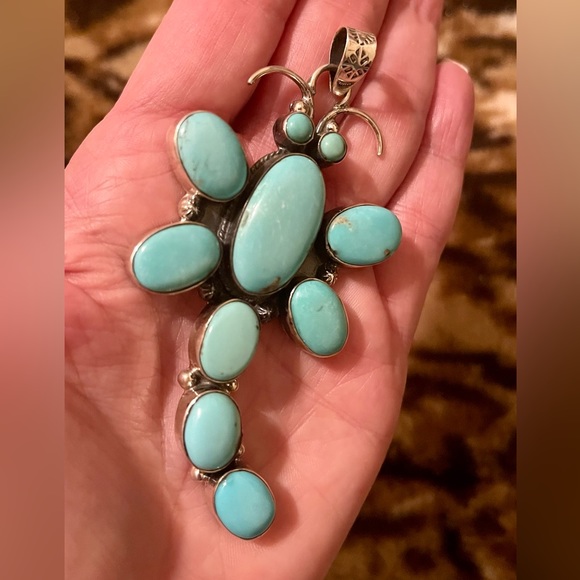 Huge Native American Sterling Silver Turquoise Dragonfly Pendant - Picture 2 of 8